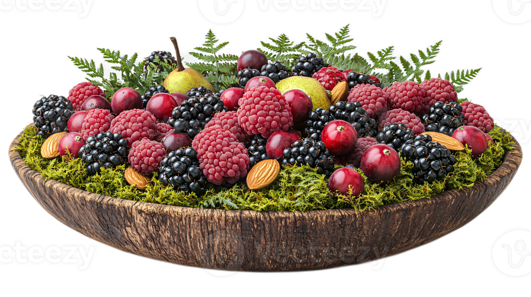 Fresh Berries and Fruits Arranged in a Rustic Wooden Bowl png