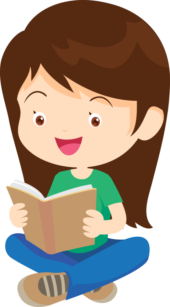 A long-haired girl sits cross-legged, reading a book intently and happily. png