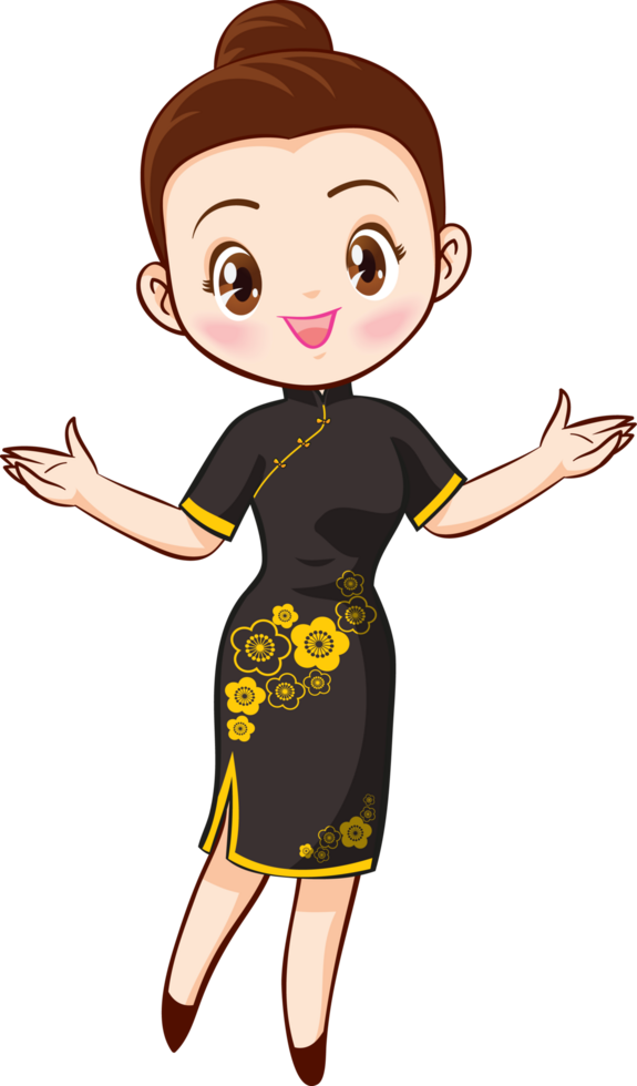 A beautiful young woman in a black cheongsam is acting as a receptionist. png
