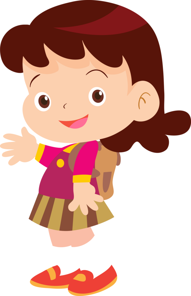 A cheerful girl with a backpack is ready to go to school. png