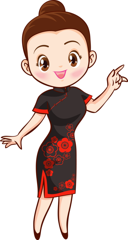 A young woman in a black cheongsam with red fabric trim, her hair in a cute bun, and her face smiling. png