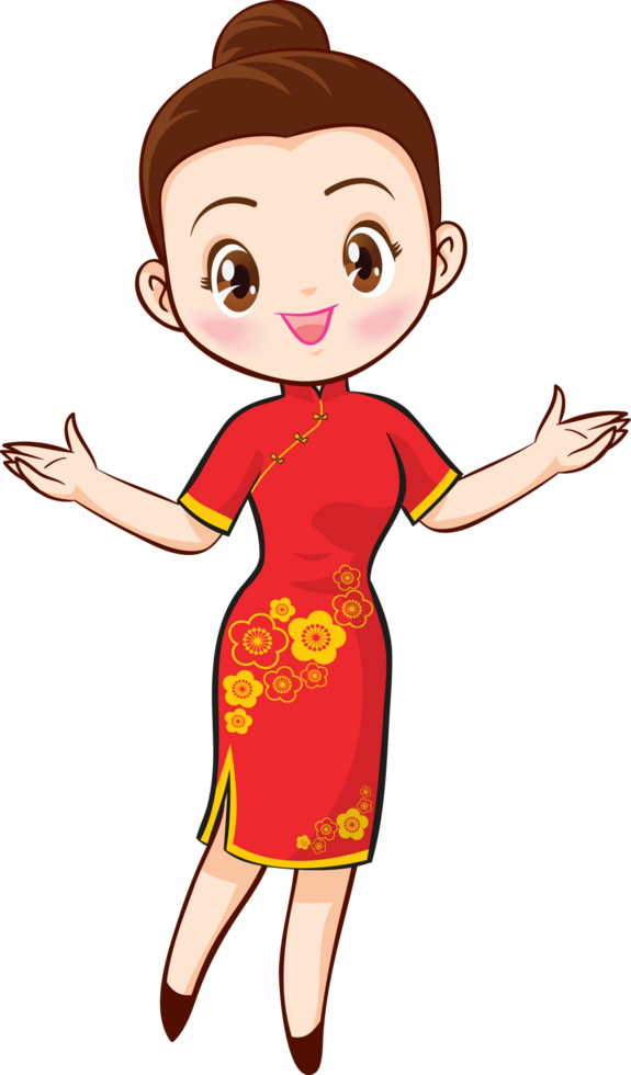 Radiant woman in a red mandarin gown, spreading good fortune. png