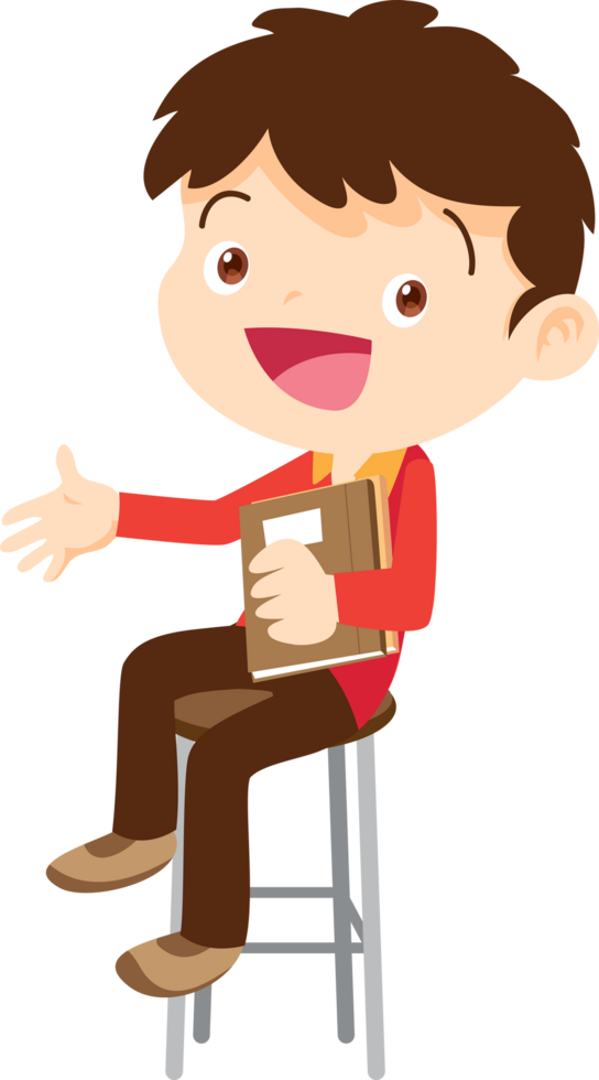 A school boy holding a book and sitting on a high chair explains the lesson fluently. png