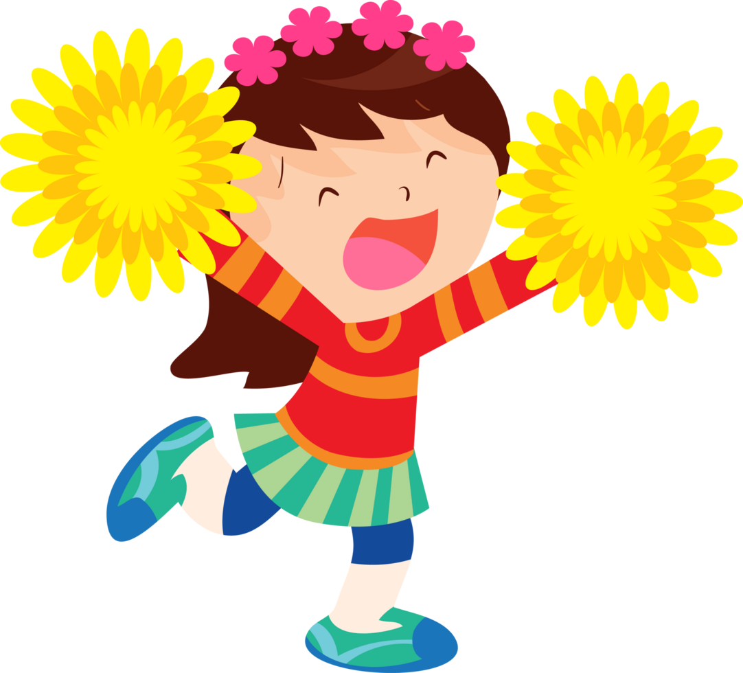 A girl in a colorful dress, holding a large flower and wearing a flower crown, dances happily. png