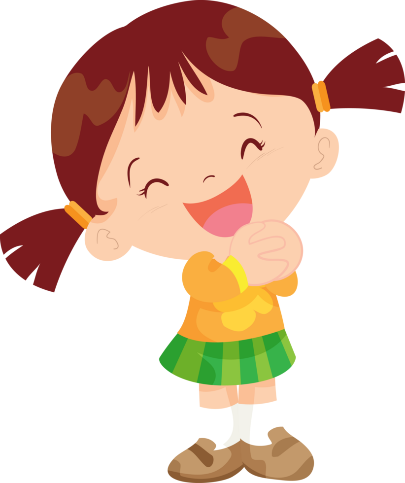 A kindergarten girl is standing and smiling happily, looking very cute. png