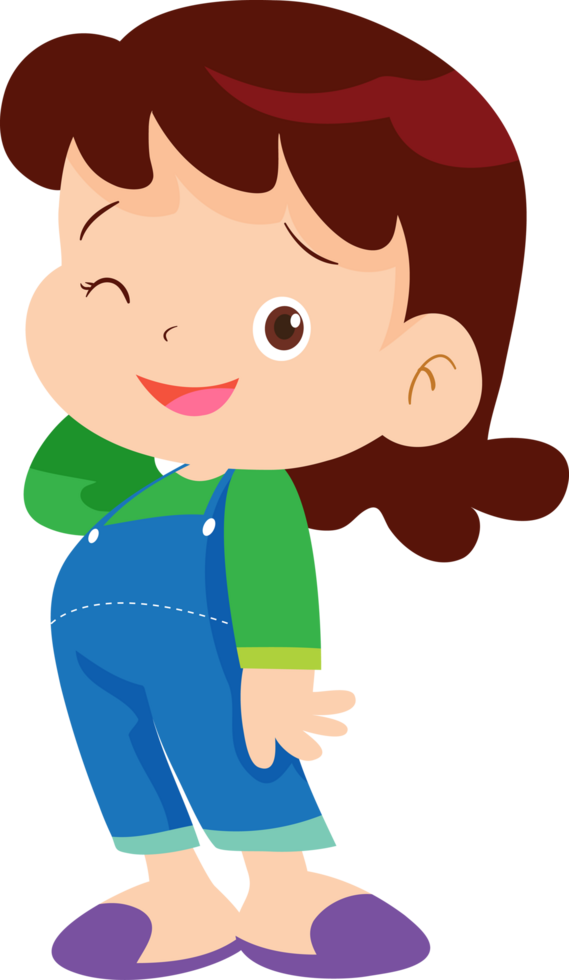 A young girl in a denim overall winks shyly. png