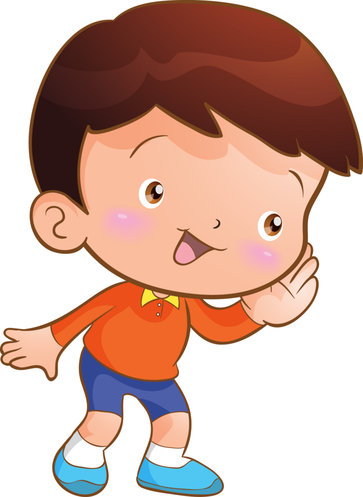 A cute little boy with red cheeks pretends to listen to something with a smile. png