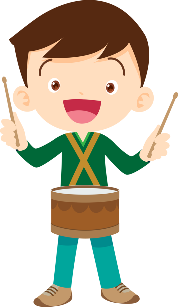 A boy is standing and playing the drums of the orchestra with a smile on his face. png