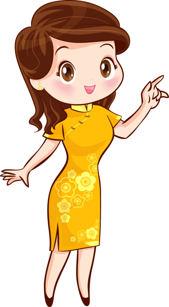 A young woman wearing a golden cheongsam stands and poses happily. png