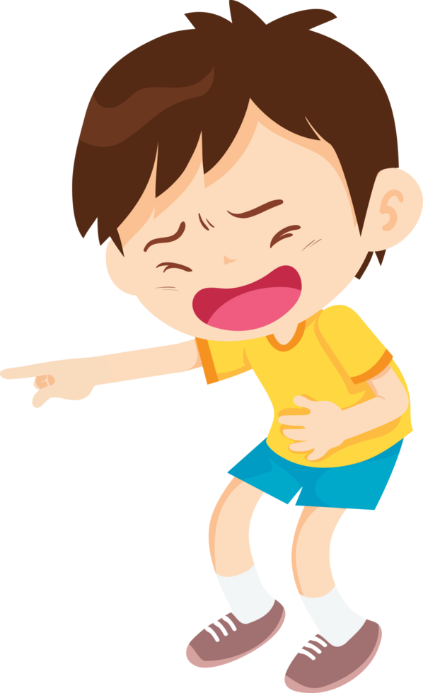 A mischievous boy arched his back, laughed hard and pointed at something. png