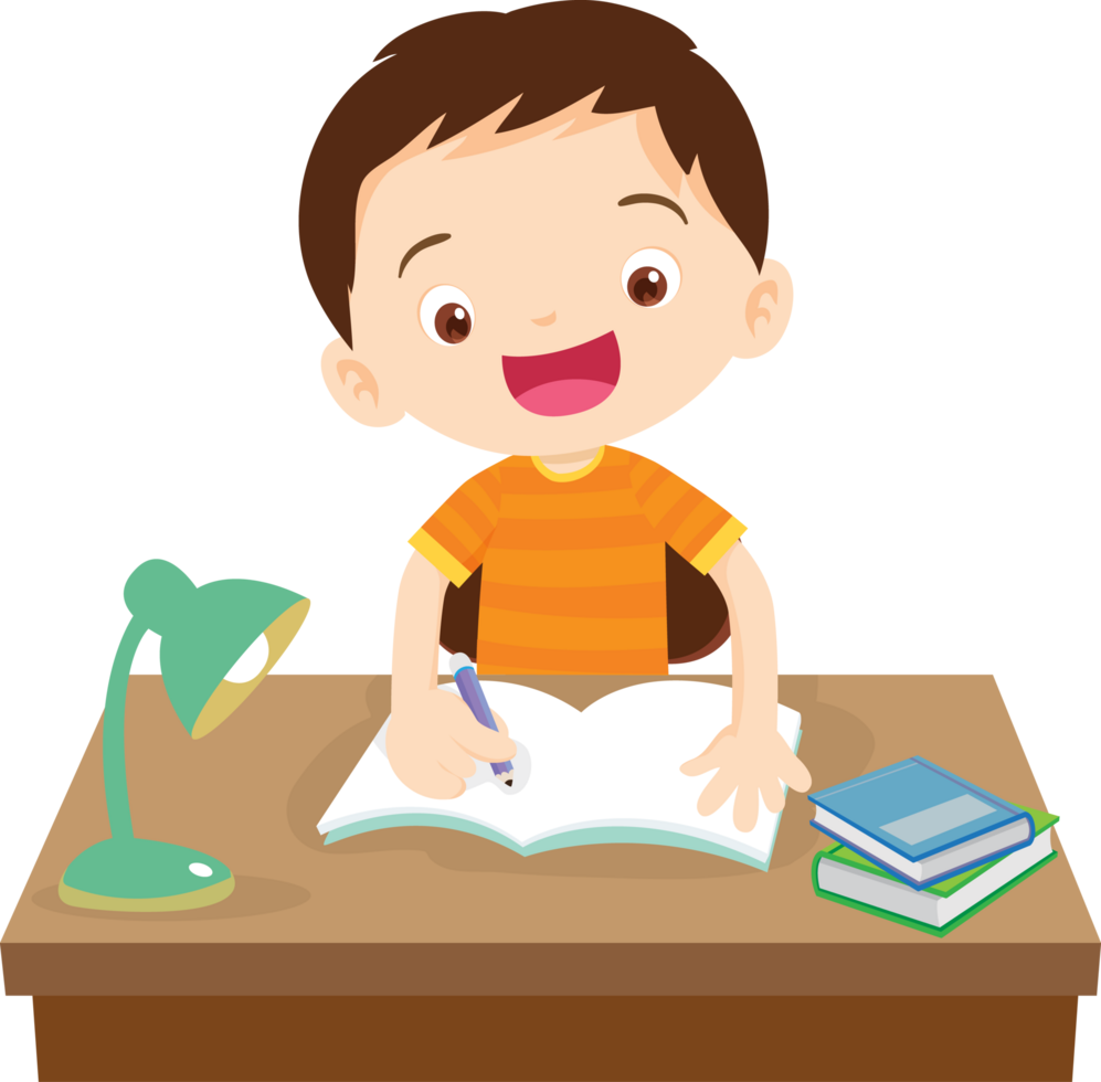 The boy was doing his homework with a cheerful expression. png
