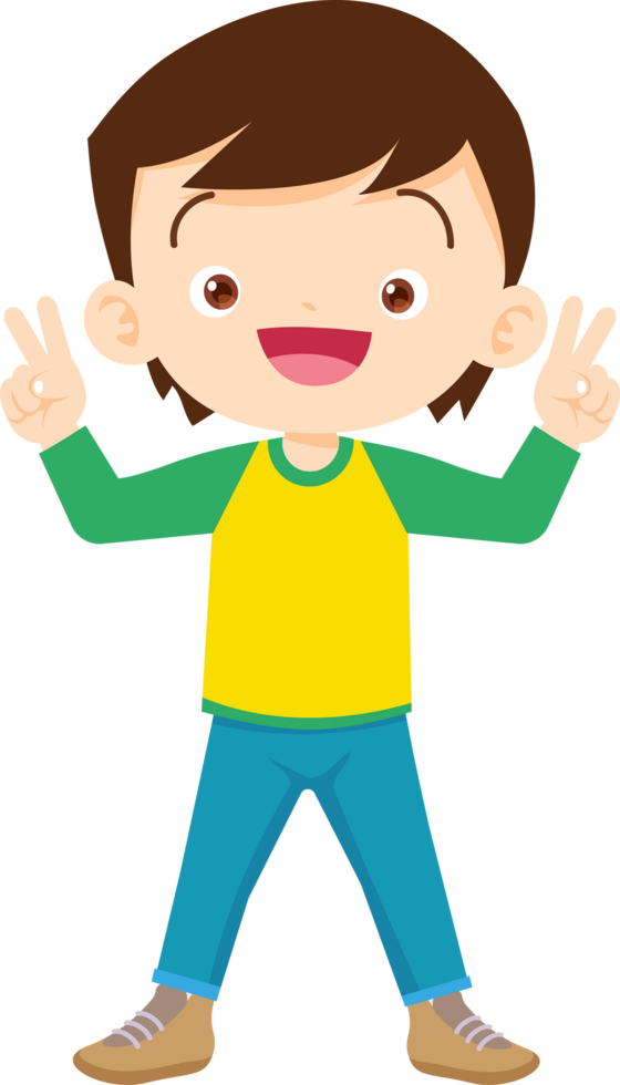 A smiling boy in long pants stands with two fingers raised in a confident manner. png
