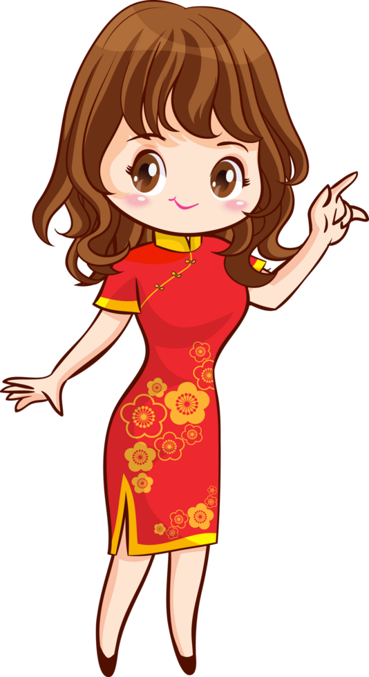A young woman with long wavy hair, wearing a red cheongsam with yellow peony patterns, stands and poses with a smiling face. png
