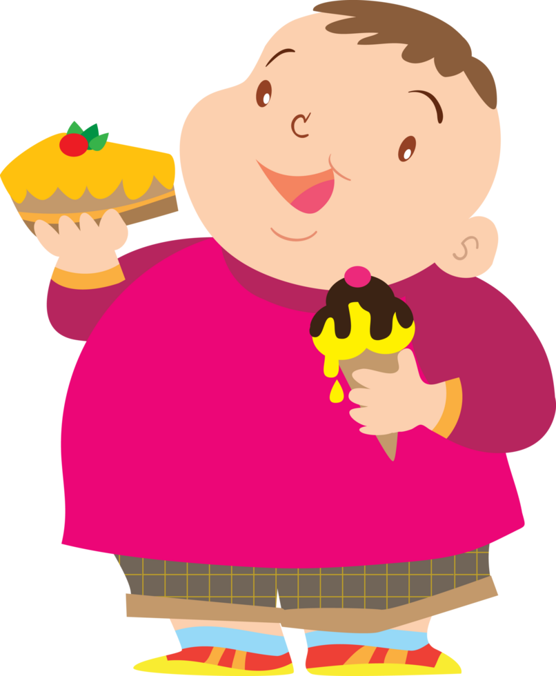 A chubby little boy is enjoying the cake and ice cream in his hands. png