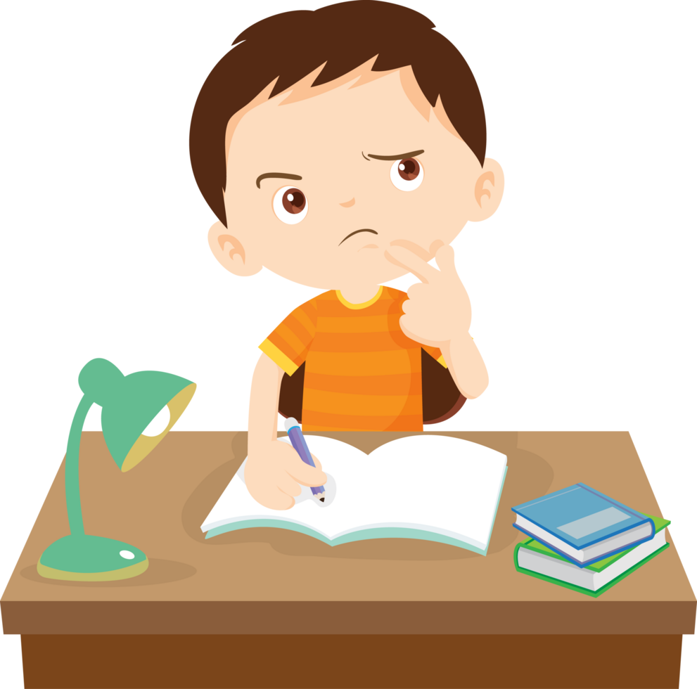 The boy is sitting and thinking while doing his homework. png