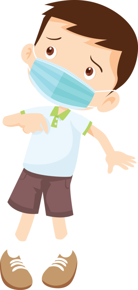 The boy wearing a face mask looks worried and scared. png