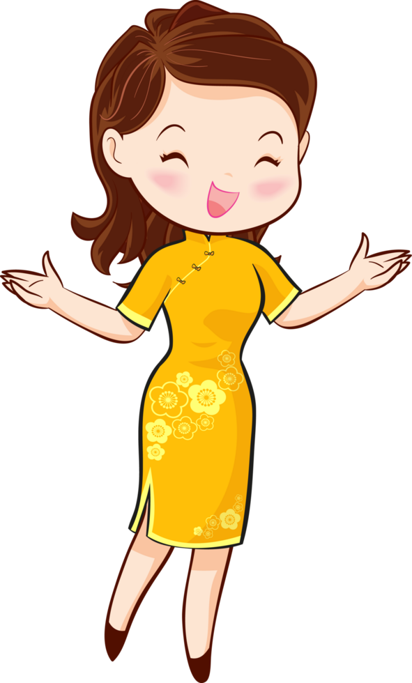 The young woman in the yellow cheongsam has a cheerful expression on her face. png