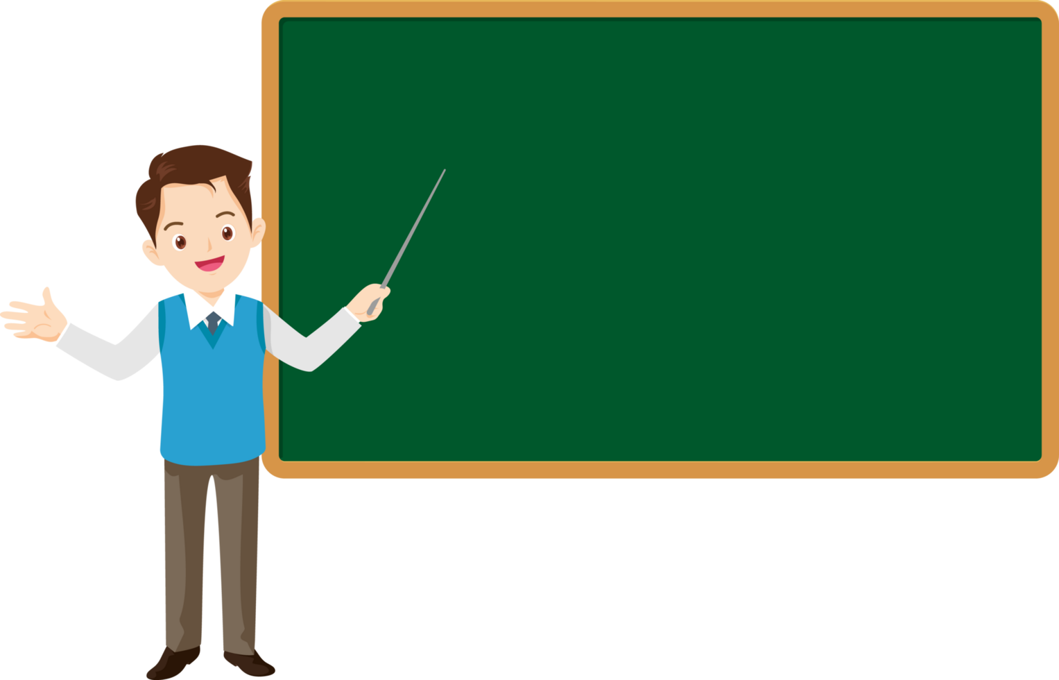 Male teacher standing with students, pointing at the blackboard. png