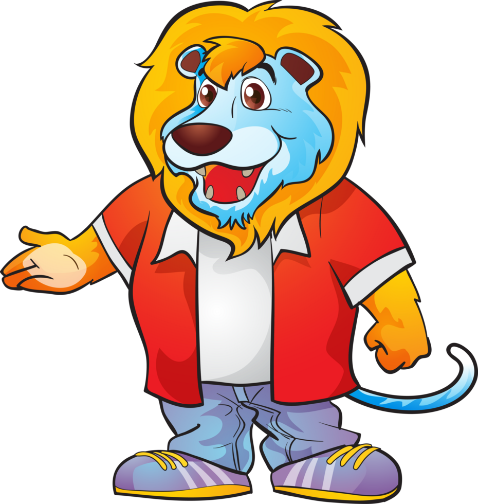 Cartoon lion character with a friendly smile and playful pose. png