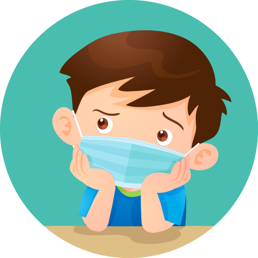 A boy wearing a surgical mask sits with his chin resting on his hand, looking worried. png