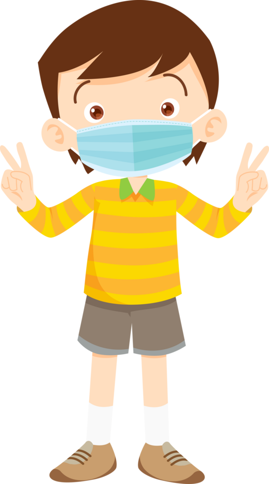 A boy wearing a face mask confidently raises two fingers. png