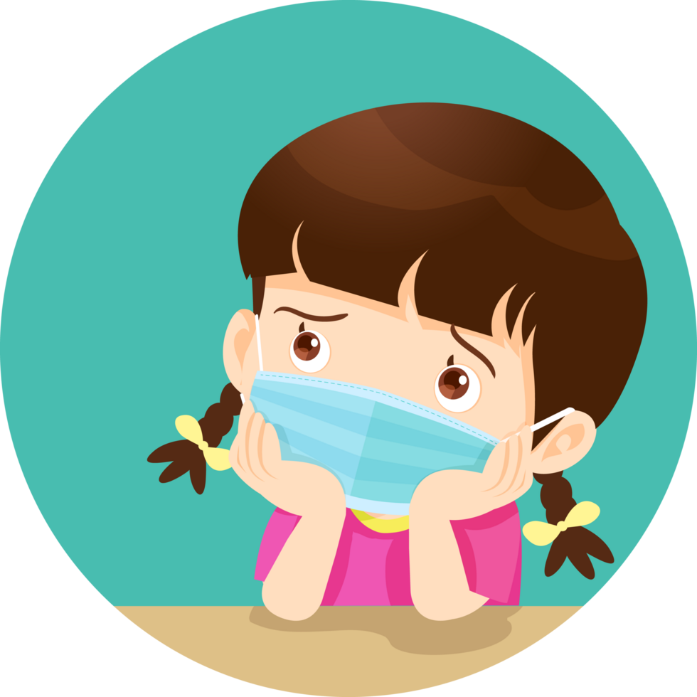A girl wearing a face mask sits with her chin on her hand, looking worried. png