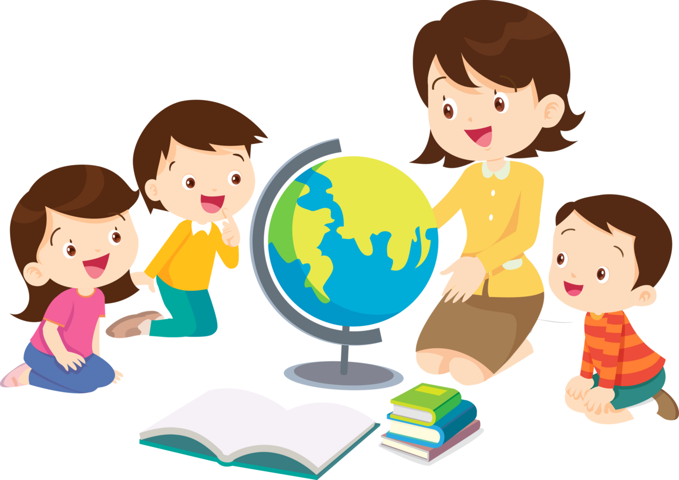 Smiling teacher holding a globe, teaching geography. png