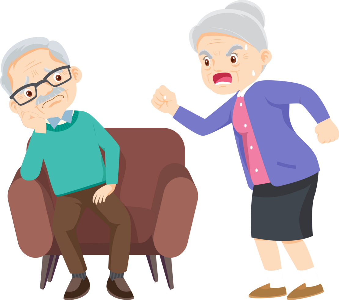 Grandma is throwing a tantrum at Grandpa, who is sitting there looking bored. png