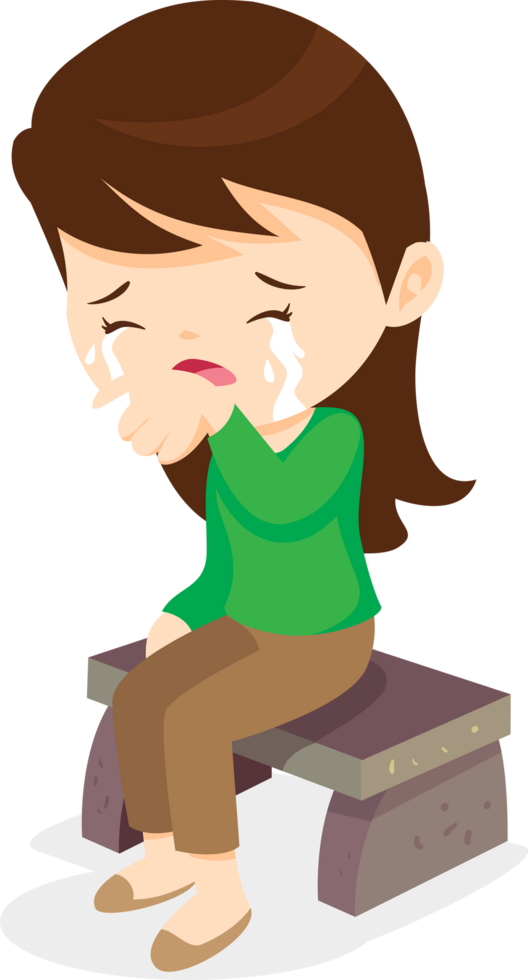 A long-haired girl is sitting and crying hysterically, tears streaming down her face. png
