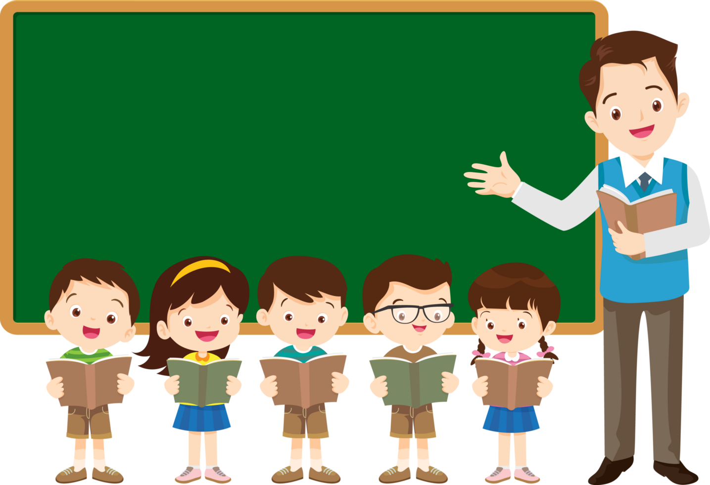Teacher standing in front of a blackboard, explaining a lesson. png
