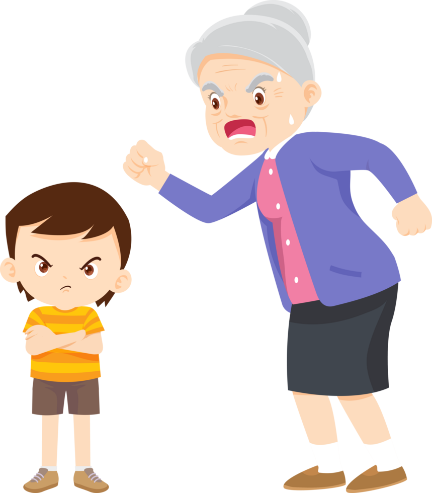 Grandma is scolding her grandson who is crossing his arms and frowning. png