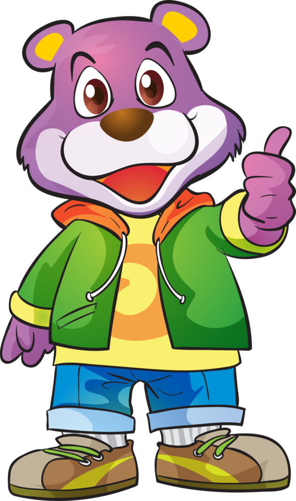 A purple bear mascot wearing a hip-hop outfit gives a thumbs up. png