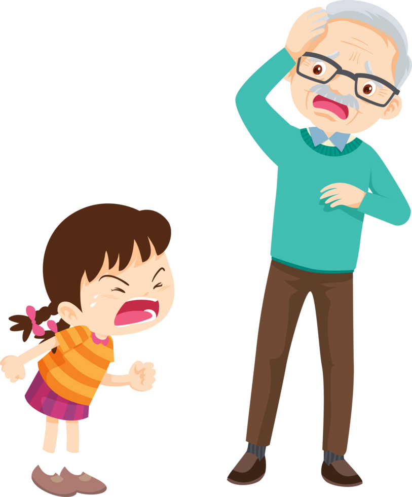 The granddaughter is acting aggressively towards her grandfather who looks shocked. png