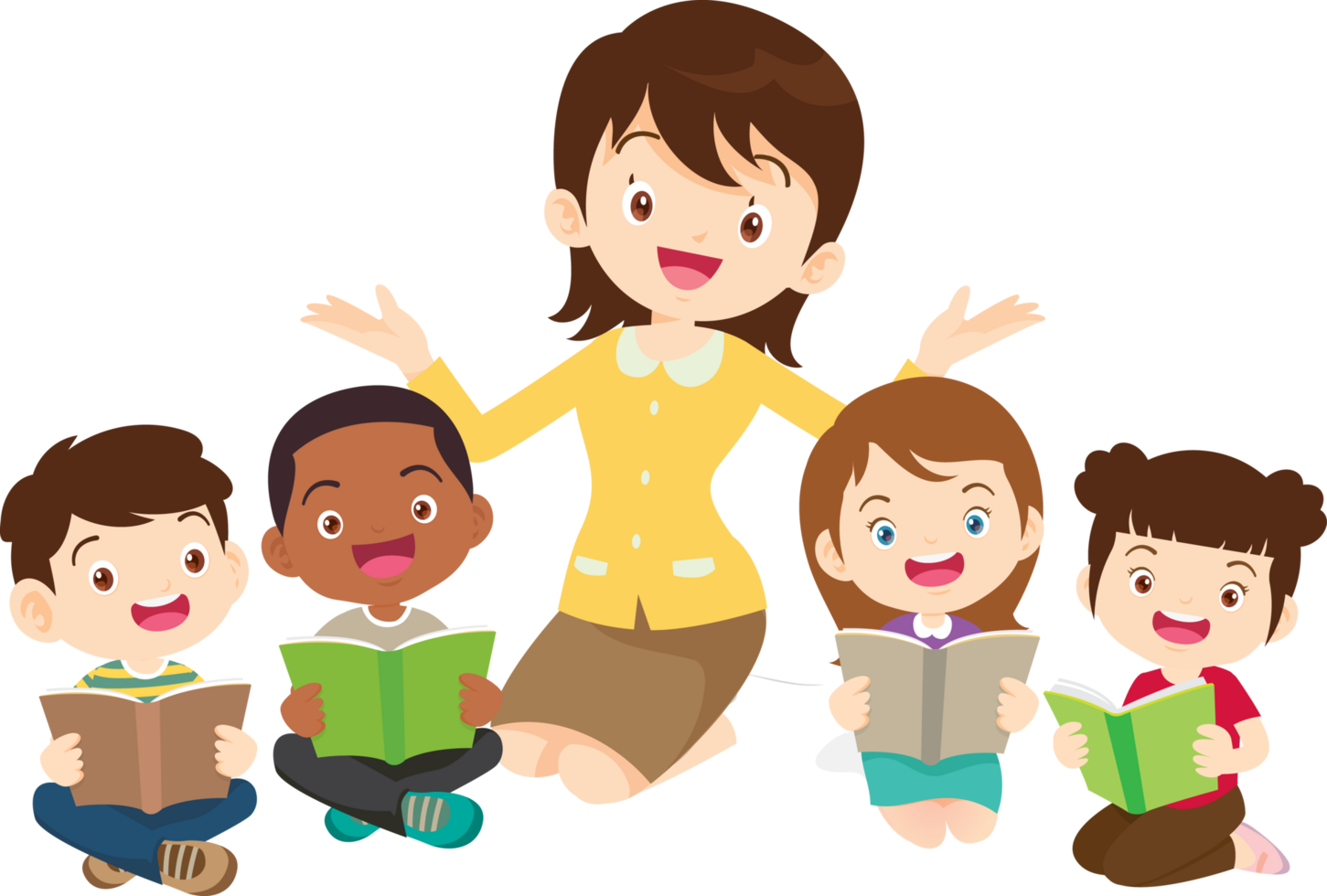 Happy teacher surrounded by enthusiastic students. png