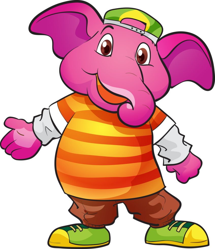 Happy elephant mascot wearing a tiny hat, ideal for branding. png
