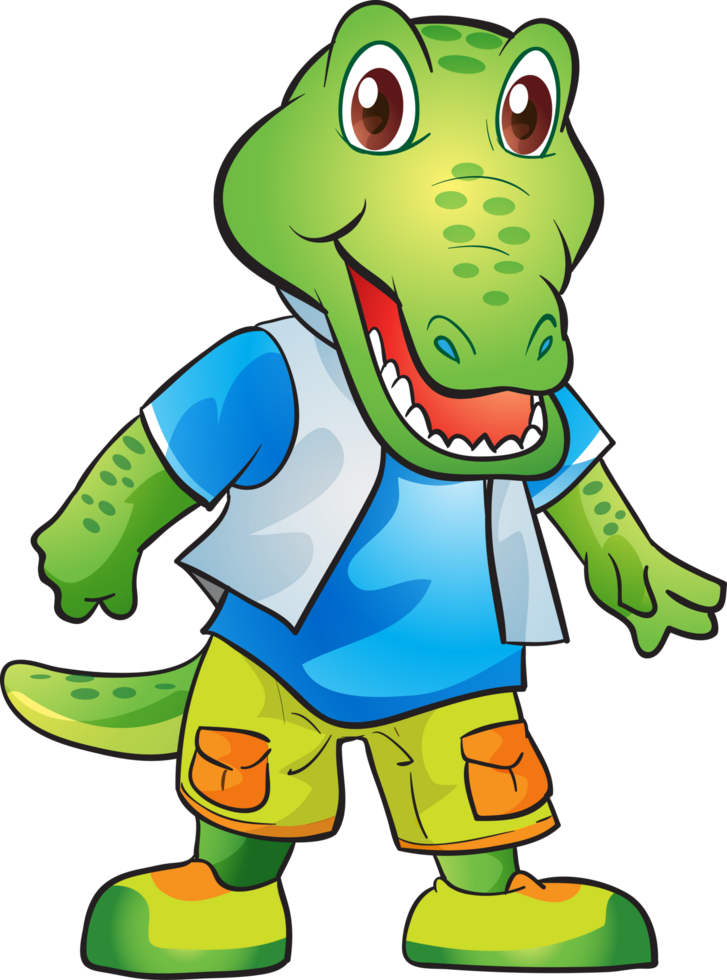 Friendly crocodile mascot with big eyes and a toothy grin. png