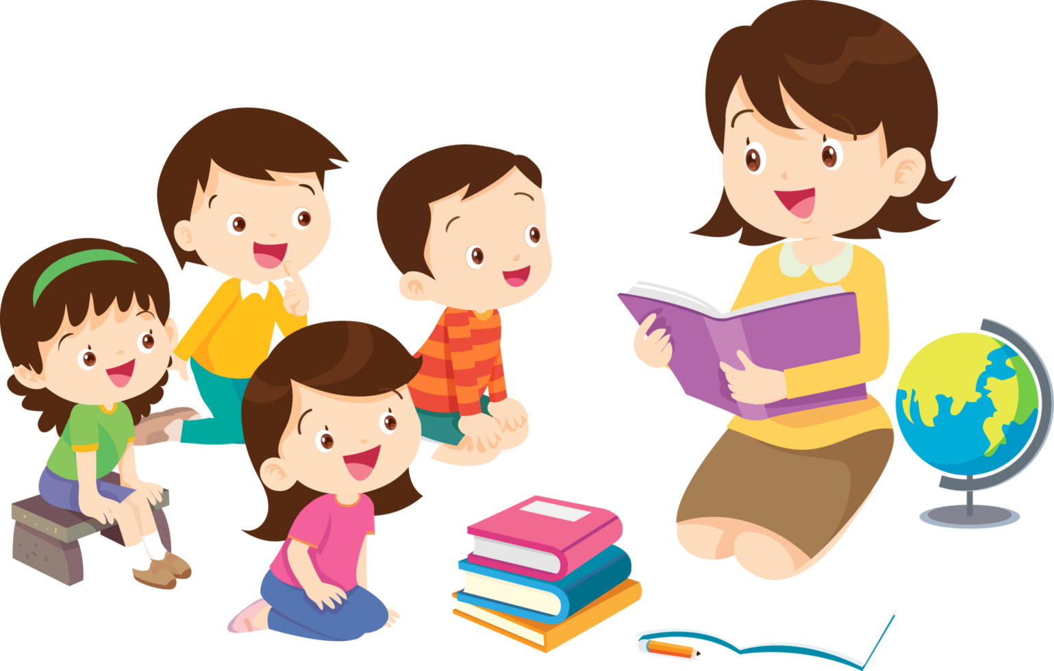 Smiling teacher holding a book and explaining a story. png