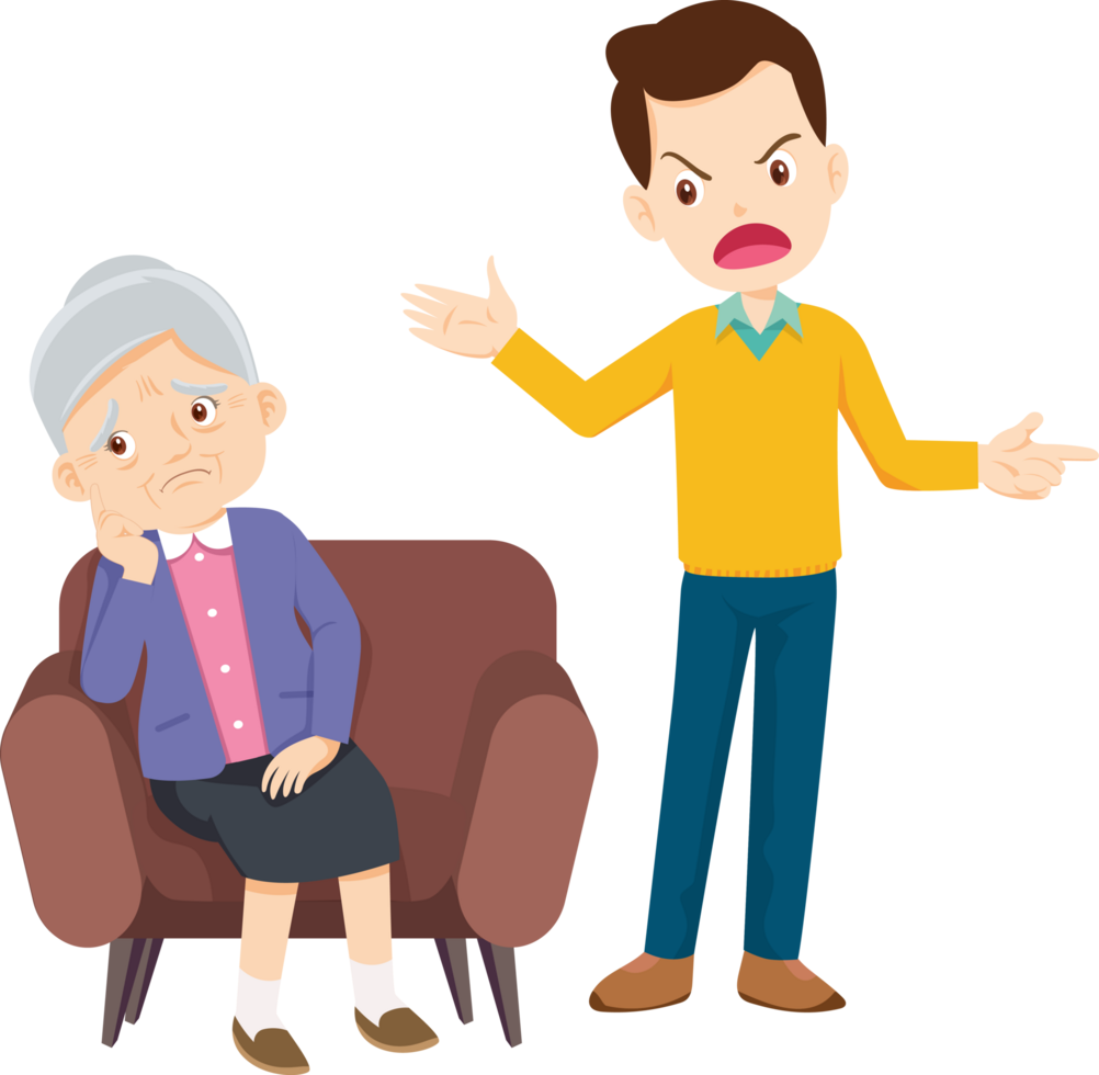 A father complaining about something to a sad-looking grandmother. png