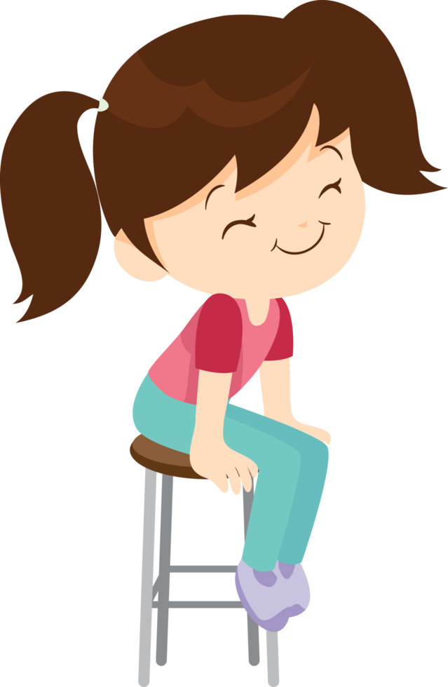 A girl with pigtails sits on a tall round chair, with a cheerful face. png