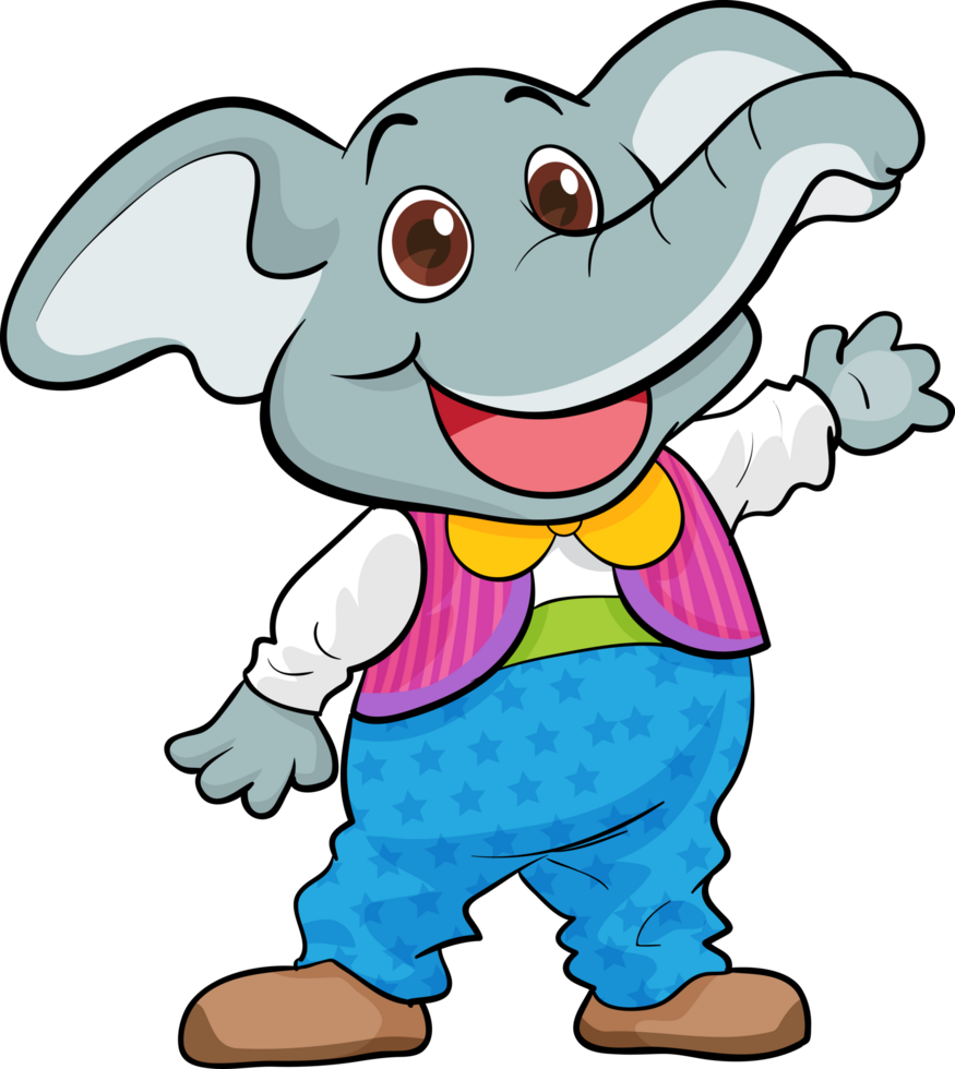 A cute little elephant mascot stands waving with a smile. png