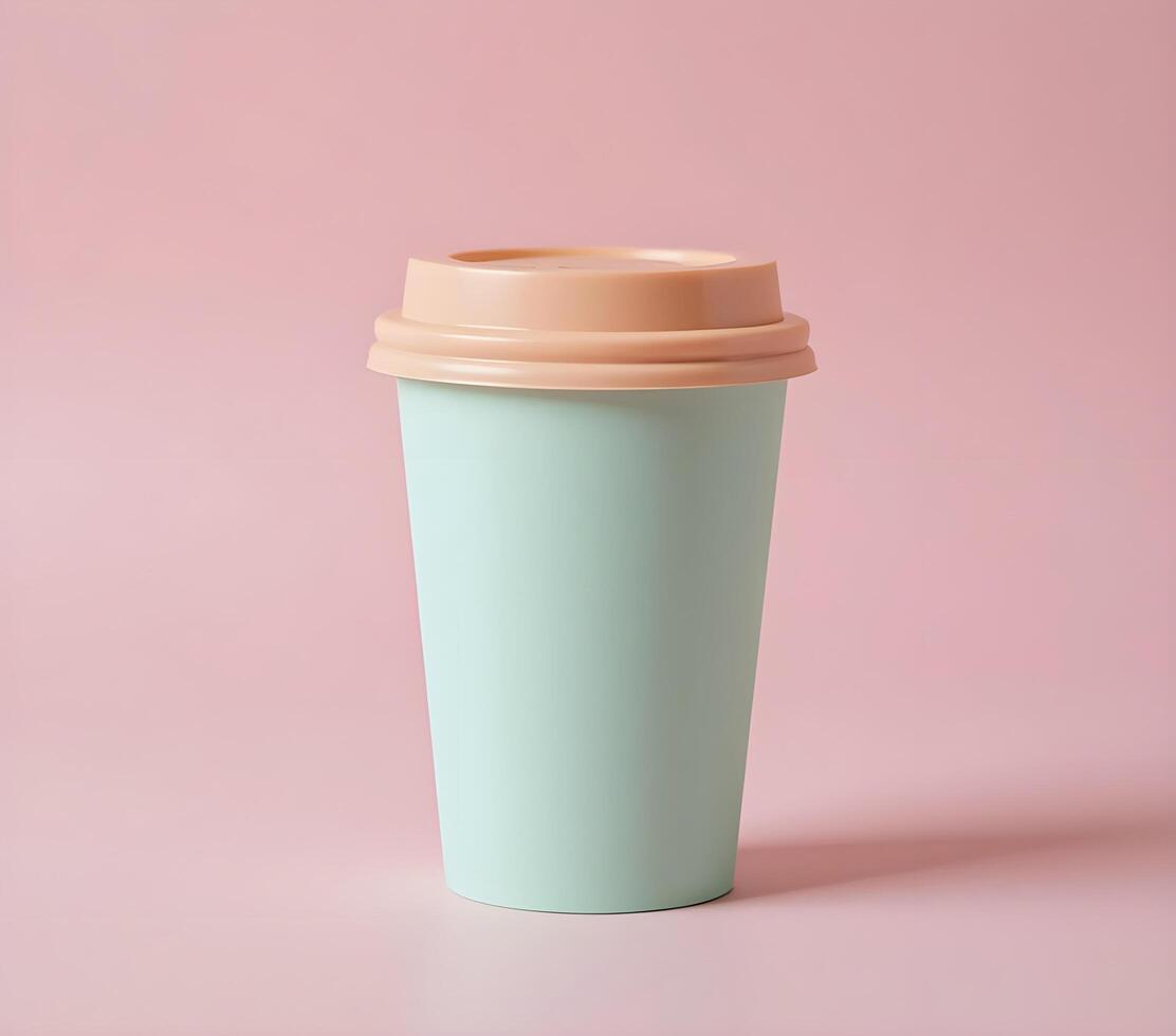 Stylish Mint Green Coffee Cup with Beige Lid Against a Pink Background photo