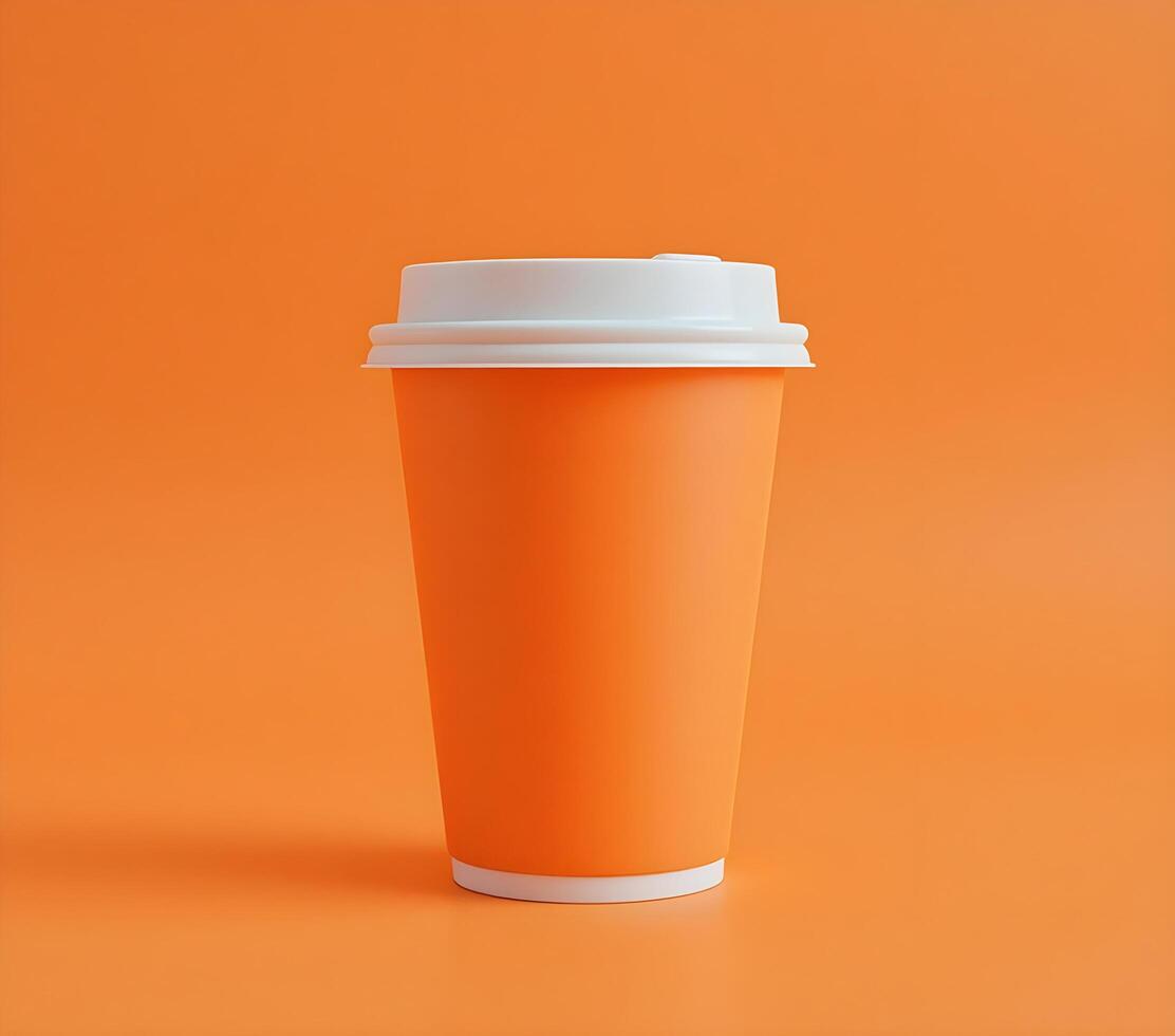 Blank Orange Disposable Coffee Cup on Solid Background photo