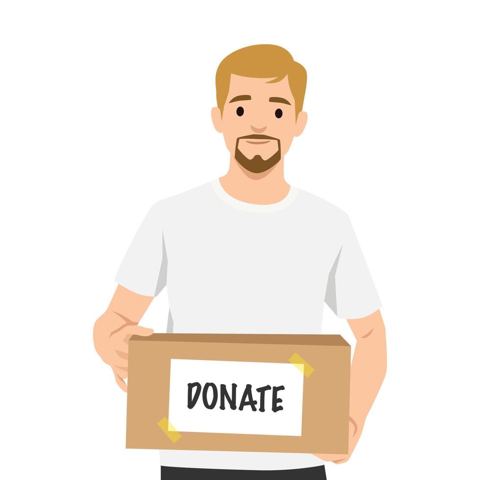Man in a white tshirt holds a donation box, symbolizing kindness and charitable giving. vector