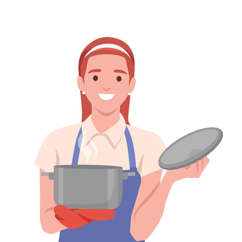 Cheerful woman in an apron and gloves joyfully presents a steaming pot of freshly cooked food. vector