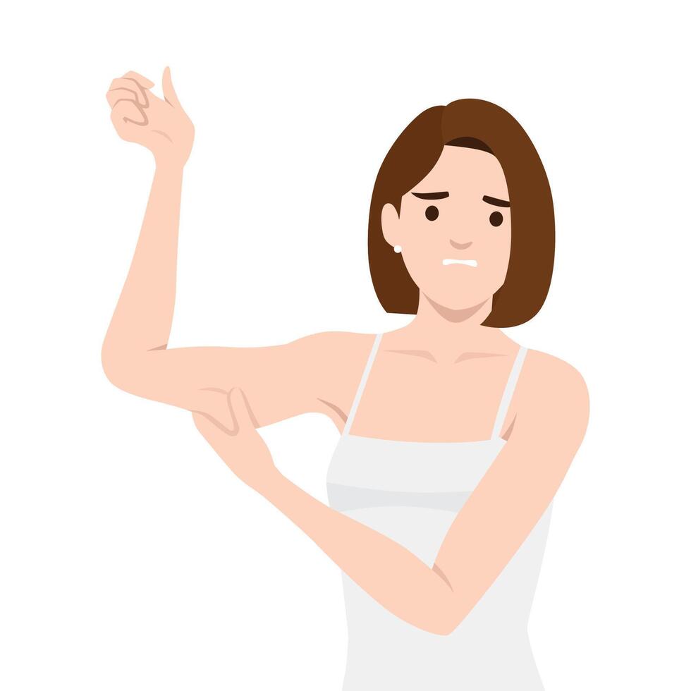 Woman in a white tank top looks at her upper arm with a worried expression, pinching the loose skin. vector