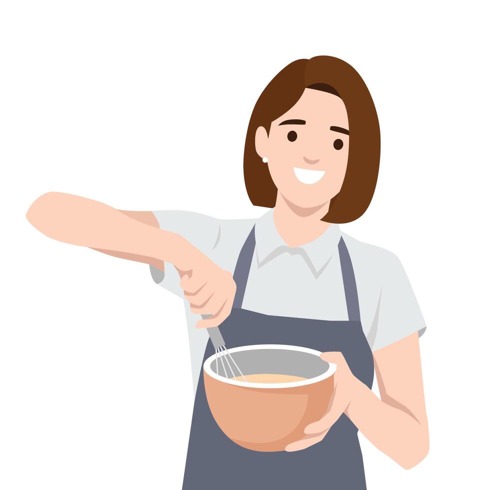 Smiling woman in an apron happily whisks ingredients in a mixing bowl, process of baking. vector
