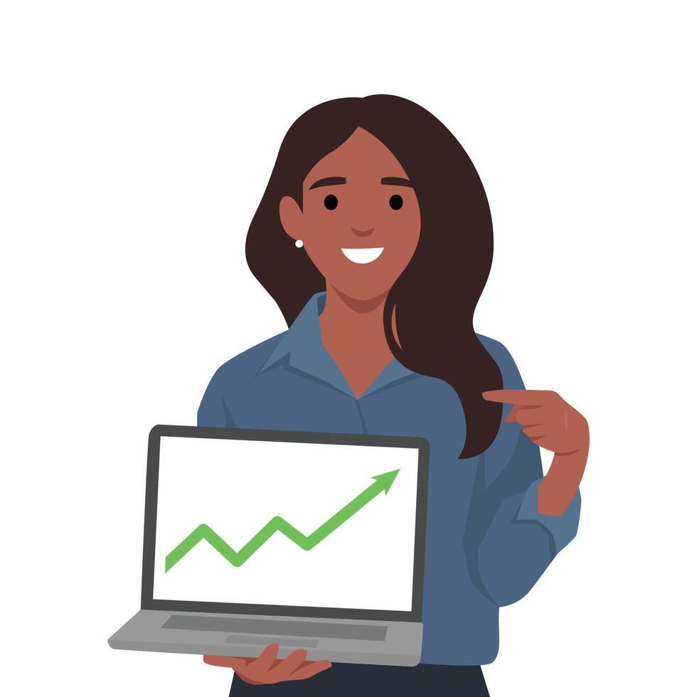 Confident woman in a business outfit proudly presents a laptop displaying an upward trending graph. vector