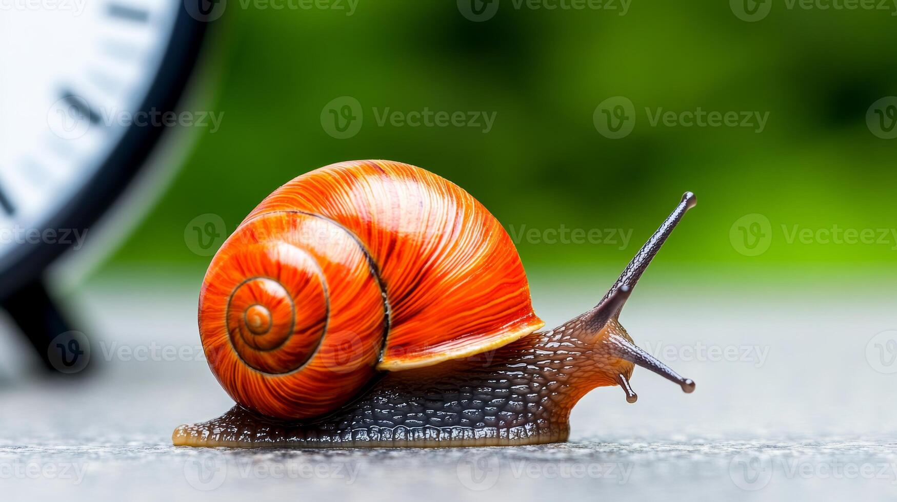 Small orange and brown snail is on a table next to a clock. The snail is looking up at the clock, as if it is curious about the time. The image has a calm and peaceful mood photo
