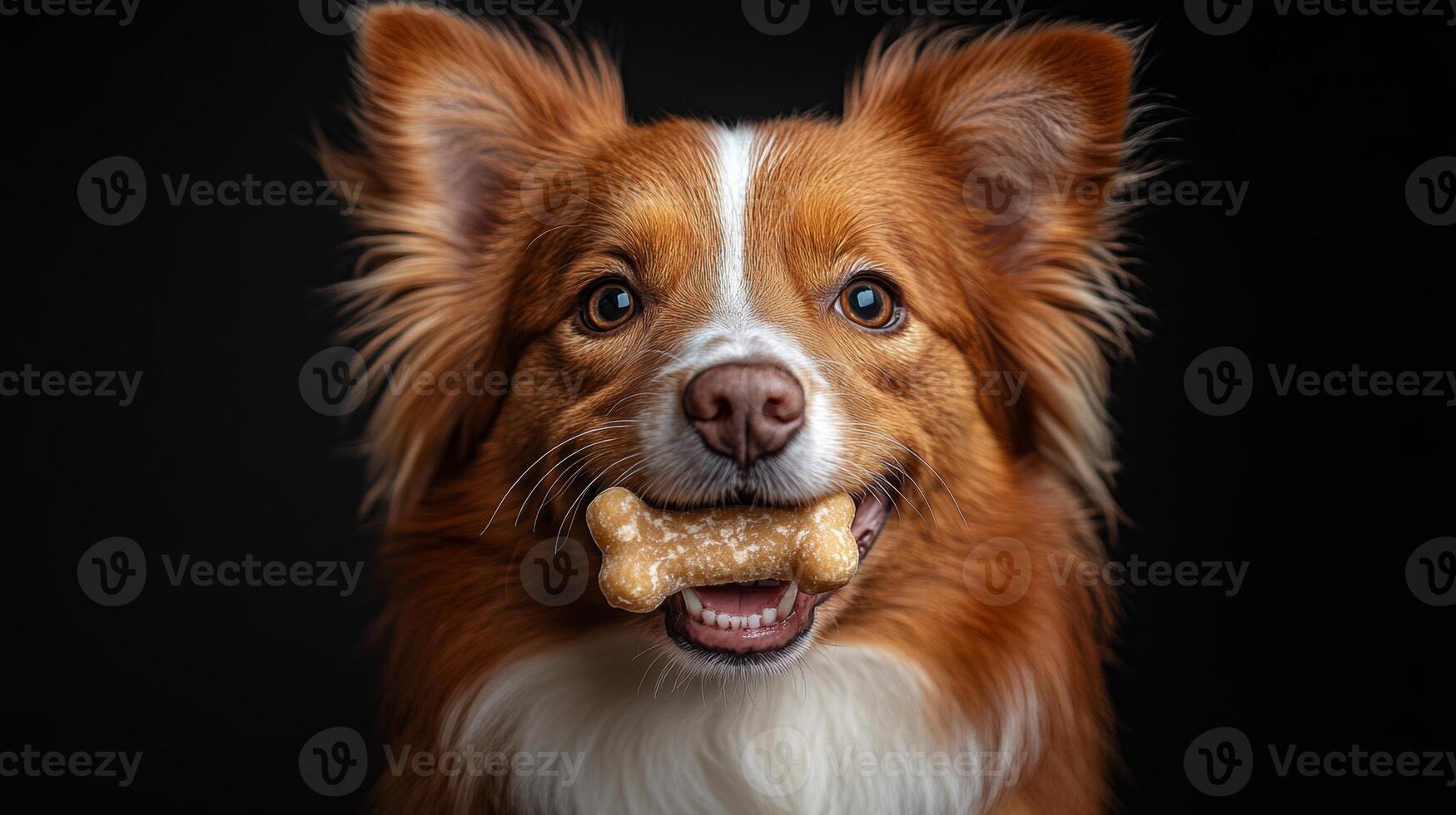 Dog is holding a bone in its mouth. The dog has a happy expression on its face photo