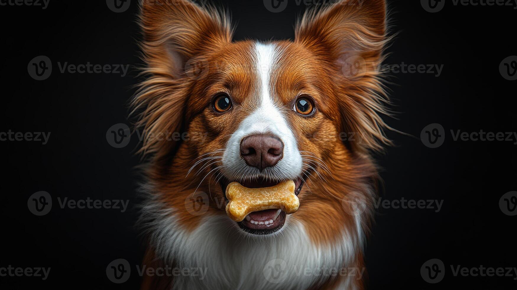 Dog is smiling and holding a bone in its mouth. The dog's fur is brown and white, and it has a happy expression on its face photo